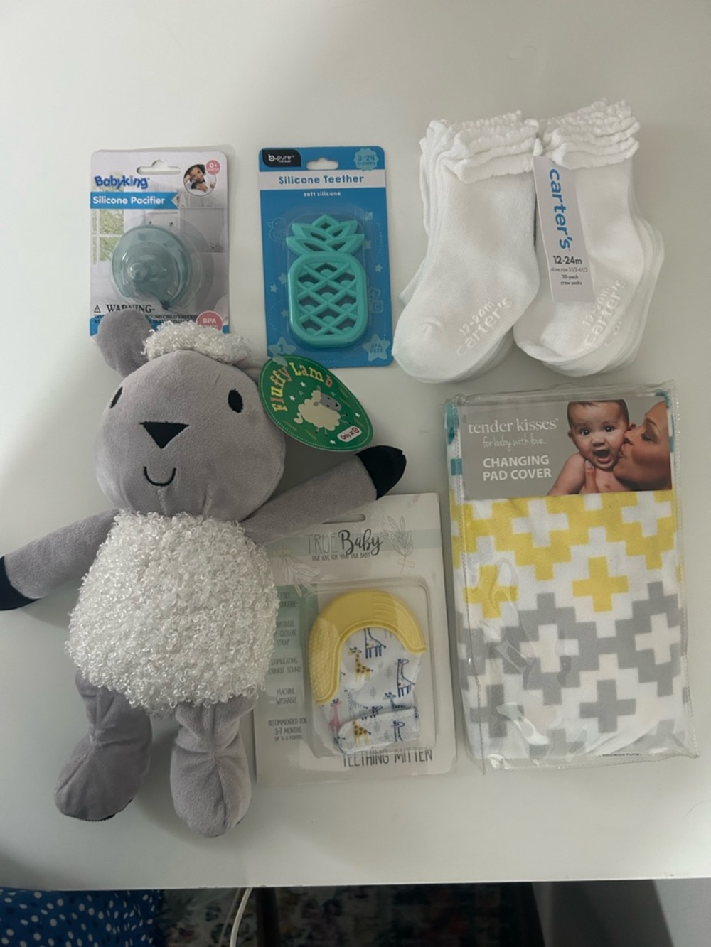 NWT Baby Bundle – Toys, Teethers, Socks (12-24M), Changing Pad Cover & More